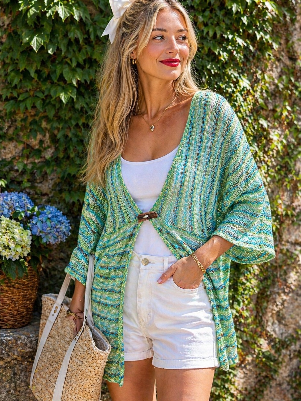 COLDWATER CREEK Space-Dyed Single Button Green Kimono Sleeve Cardigan, L